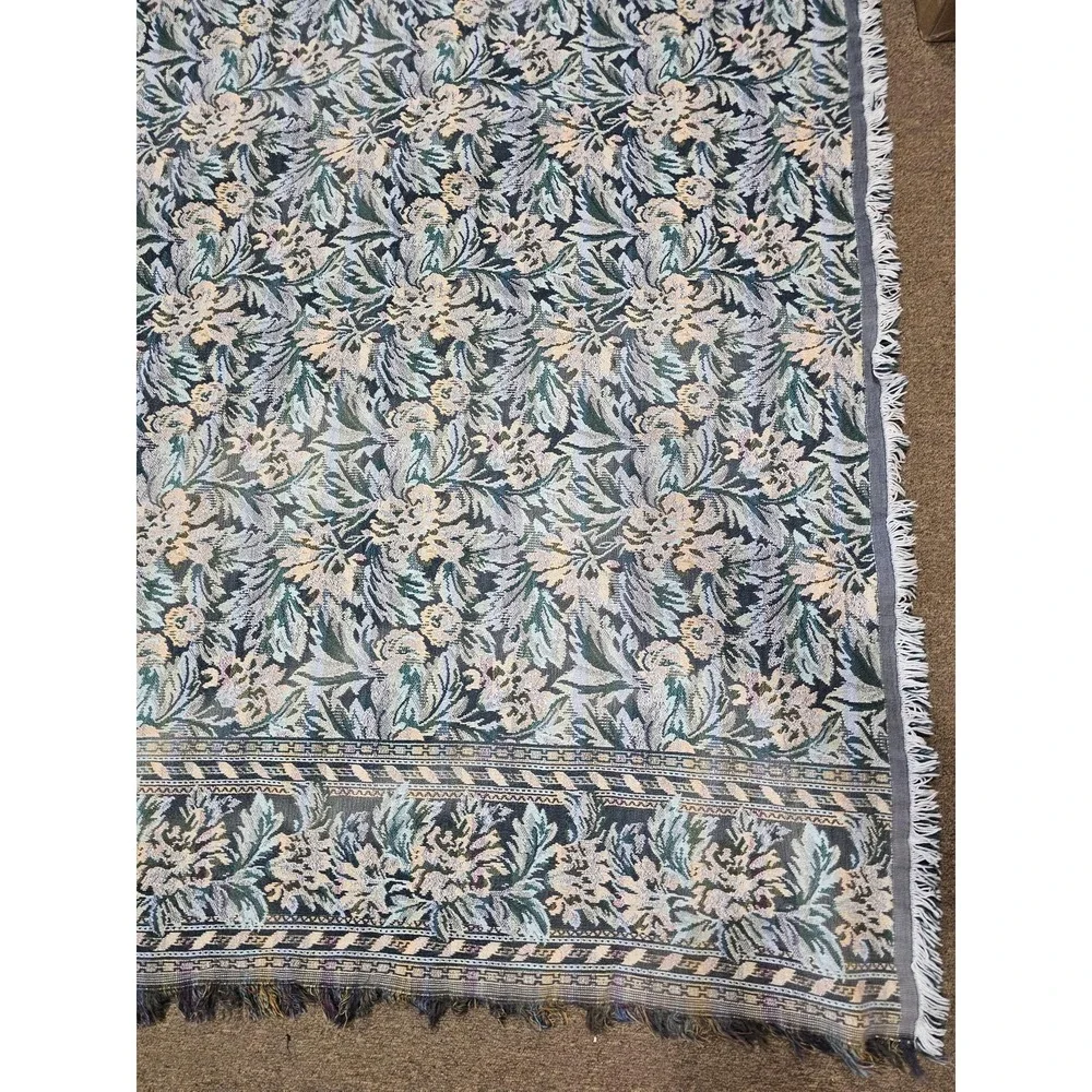 Goodwin Weavers‎ Throw Blanket ~ 50x63 Blue Floral Cotton Fringe Reversible USA